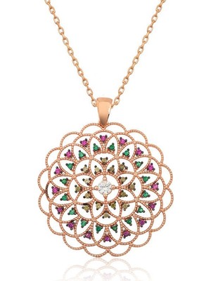 Inure Jewelry Gümüş Rose Geometrik Desenli Madalyon Kolye