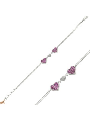 Inure Jewelry Gümüş Pembe Kalpli Bayan Bileklik