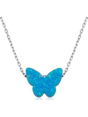 Inure Jewelry Gümüş Mavi Opal Taş Kelebek Bayan Kolye