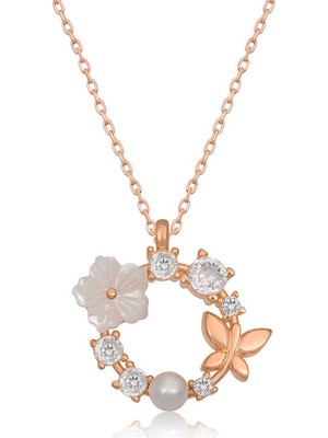 Inure Jewelry Gümüş Rose Manolya Çiçeği Kelebek Kadın Kolye