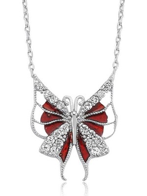 Inure Jewelry Gümüş Kırmızı Kelebek Bayan Kolye