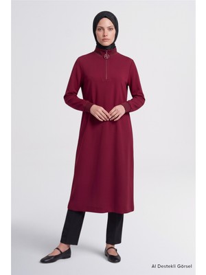 Armine Fermuar Detaylı Basic Tunik Bordo