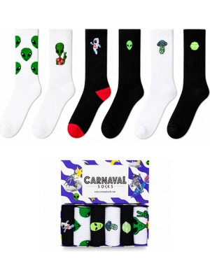 Carnaval Socks Uzaylı Nakışlı 6\'lı Kutulu Çorap Seti – Siyah Beyaz Tenis