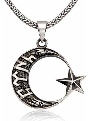 Inure Jewelry Gümüş Göktürkçe Türk Yazılı Ay Yıldız Erkek Kolye