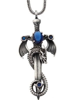 Inure Jewelry Gümüş Safir Taşlı Ejderha Erkek Kılıç Kolye