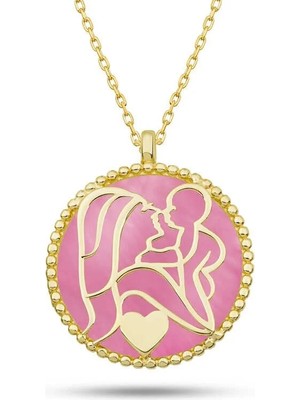 Inure Jewelry Gümüş Gold Pembe Sedef Taşlı Anne Çocuk Sevgisi Kolye