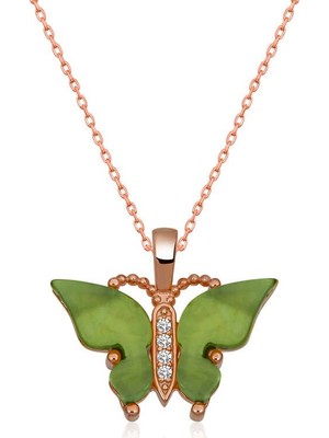 Inure Jewelry Gümüş Rose Yeşil Kaplangözü Taşlı Kelebek Kolye