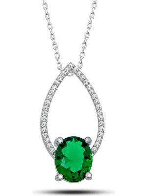 Inure Jewelry Gümüş Yeşil Oval Taşlı Damla Kadın Kolye