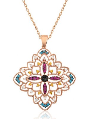 Inure Jewelry Gümüş Rose Etnik Desenli Madalyon Kolye
