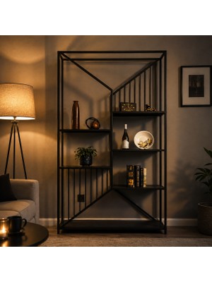 Evdera Mobilya Siyah Metal Kitaplık Dekoratif Çok Amaçlı Salon ve Çalışma Odası Rafı