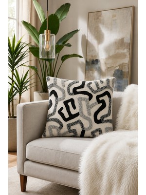 Elart Henna Desenli Kırlent Kılıfı 43X43 cm Siyah