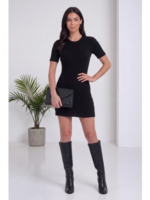 ZKS Grup Tekstil Kadın Kısa Kollu Fit Mini Triko Elbise Siyah