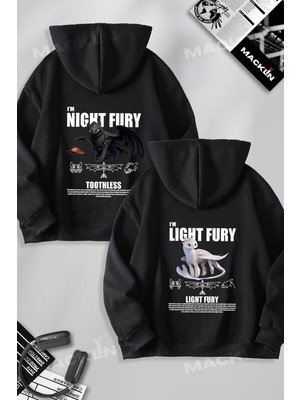 Macklin Unisex Sevgili Çift Kombini Night ve Light Fury Ejderha Baskılı Kapüşonlu Sweatshirt 2li Takım