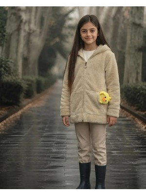 Kız Çocuk Bej Kapüşonlu Peluş Aksesuarlı Kışlık Hırka