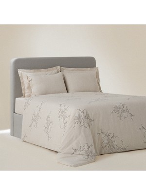 Ecocotton Libera Çift Kişilik Nevresim Takımı %100 Organik Pamuk Keten Süzene Nakışlı Krem-Bej 200X220 cm