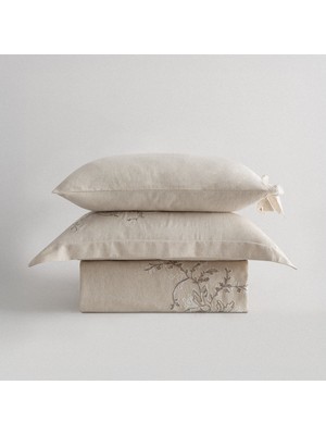 Ecocotton Libera Battal Boy Nevresim Takımı %100 Organik Pamuk Keten Süzene Nakışlı Krem-Terra 240X220 cm