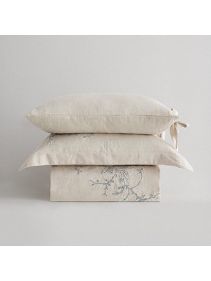 Ecocotton Libera Battal Boy Nevresim Takımı %100 Organik Pamuk Keten Süzene Nakışlı Krem-Gri 240X220 cm