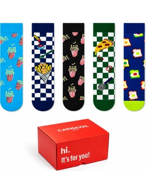 Carnaval Socks Fast Food Desenli 5\'li Kutulu Çorap Seti – Pizza, Patates ve Mısır