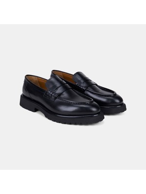 Desa Erkek Siyah Apron Dikişli Kalın Tabanlı Deri Loafer