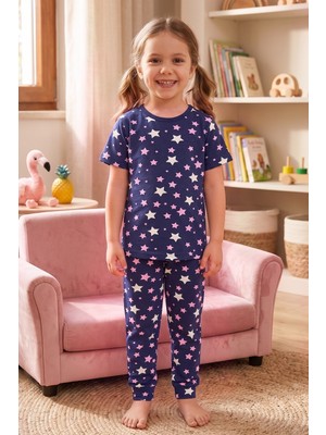 Öts Kız Çocuk Pamuklu Pijama Takımı Kısa Kol Uzun Alt Desenli Geniş ve Rahat Kesim (474006)
