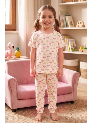 Öts Kız Çocuk Pamuklu Pijama Takımı Kısa Kol Uzun Alt Desenli Geniş ve Rahat Kesim (474005)