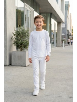 Kiagu T-Shirt Erkek Çocuk Basic Beyaz Tişört Uzun Kollu %100 Pamuk Bisiklet Yaka Baskısız Tshirt