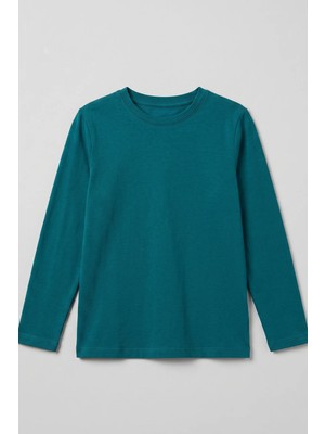 Kiagu T-Shirt Erkek Çocuk Basic Yeşil Tişört Uzun Kollu %100 Pamuk Bisiklet Yaka Baskısız Tshirt