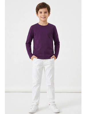 Kiagu T-Shirt Erkek Çocuk Basic Mor Tişört Uzun Kollu %100 Pamuk Bisiklet Yaka Baskısız Tshirt (2-13 Yaş)