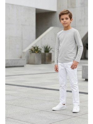 Kiagu T-Shirt Erkek Çocuk Basic Gri Tişört Uzun Kollu %100 Pamuk Bisiklet Yaka Baskısız Tshirt (2-13 Yaş)