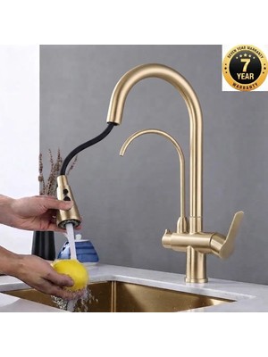 OEM Mutfak Evye Bataryası Dual Flow Su Arıtma Çıkışlı 3 Fonksiyonlu Fiskiye Şelale Mat Gold 7 Yıl Garantili Ithal