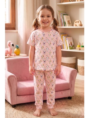Öts Kız Çocuk Pamuklu Pijama Takımı Kısa Kol Uzun Alt Desenli Geniş ve Rahat Kesim (474003)