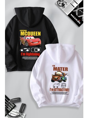 Macklin Unisex Şimşek Mcqueen ve Mater Sırt Baskılı Sevgili Çift Kombini Tasarım Oversize Kapüşonlu Sweatshirt 2'li Takım