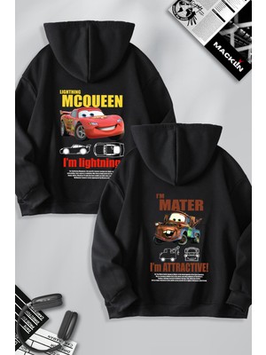 Macklin Unisex Şimşek Mcqueen ve Mater Sırt Baskılı Sevgili Çift Kombini Tasarım Oversize Kapüşonlu Sweatshirt 2'li Takım