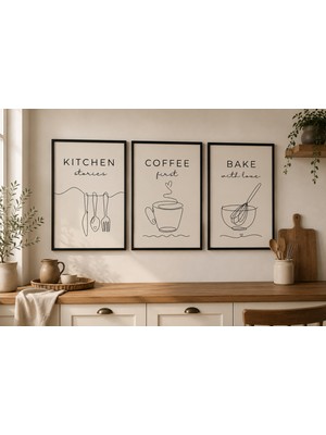 Pegziz 3’lü Mutfak Tablo Seti – Kitchen Stories Coffee First Bake With Love Minimal Çizgisel Çerçeveli Duvar Dekoru