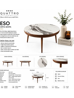 Quattro Home Eso 80 cm Mermer Desenli Seramik Tablalı Ahşap Orta Sehpa