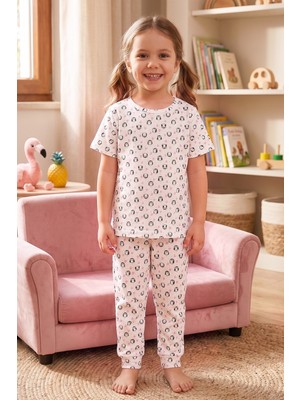Öts Kız Çocuk Pamuklu Pijama Takımı Kısa Kol Uzun Alt Desenli Rahat Uyku Kalıbı (474001)
