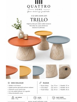 Quattro Home Trillo 3’lü Traverten Görünümlü Renkli Orta Sehpa Seti