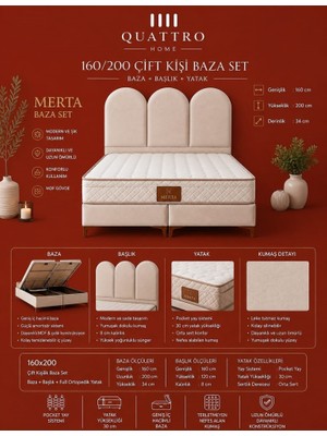 Quattro Home Merta Çift Kişilik Baza, Başlık ve Pocket Yaylı Yatak Seti