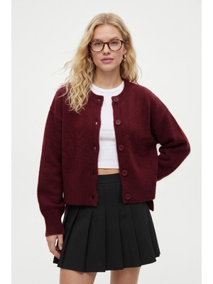 Ritnice Kadın New Keep Yan Yırtmaçlı Yumuşak Dokulu Koyu Bordo Basic Triko Hırka