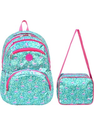LilyMoon Sweet Pocket Flamingo Desenli Kız Çocuk Okul Çantası Seti - 2'li Mint Yeşili Sırt Çantası + Beslenme Çantalı