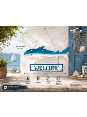 WoodBay El Yapımı Ahşap Köpek Balığı Welcome Kapı Süsü 40X30 cm Marin Duvar Dekoru Deniz Temalı Dekoratif Ahşap Askılık