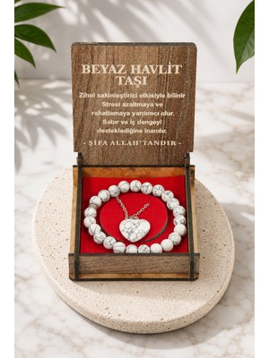 İhvan Online Beyaz Havlit Taşı Bileklik ve Kolye Seti - Ahşap Kutulu Hediyelik
