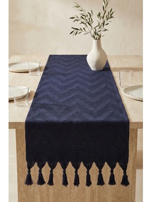 Dokuvia Chevron Desenli Dokulu Püsküllü Dekoratif Runner Masa Örtüsü 45X150 cm