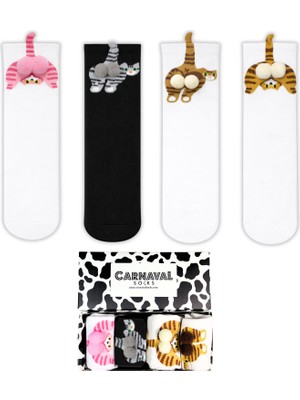 Carnaval Socks 4’lü Ponponlu Kedi Desenli Unisex Kutulu Çorap Seti