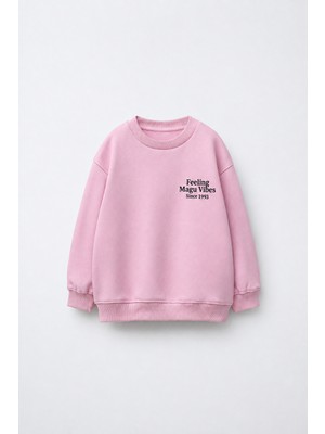 Magu Kız Çocuk Pamuklu Minimal Yazı Baskılı Pembe Sweatshirt