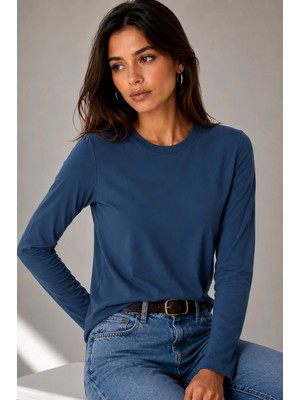 Sortie Collection Kadın Bisiklet Yaka Regular Fit Pamuklu Uzun Kollu Tişört Indigo