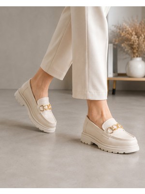 Zenora Shoes Kadın Tokalı Loafer Makosen Bej Kalın Tabanlı Ortopedik Ayakkabı