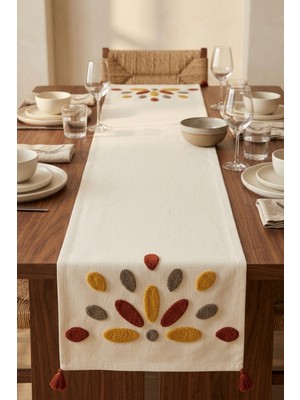 Dokuvia Güneş Damlası Renkli Punch Nakışlı Püsküllü Pamuk Runner Masa Örtüsü 40X130 cm