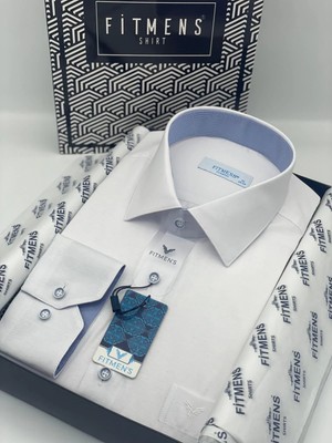 Fitmens Klasik Uzun Kol Keten Cotton Hediye Kutulu Erkek Gömlek FS-001261 - Beyaz Açık Mavi