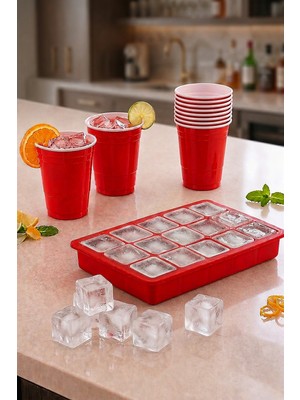 Arbolos Kırmızı Plastik Kokteyl Soğuk Içecek Parti Bardağı 10 Adet (532 Ml/18 Oz) ve 15 Bölmeli Büyük Boy Silikon Buz Kalıbı 1 Adet Kırmızı